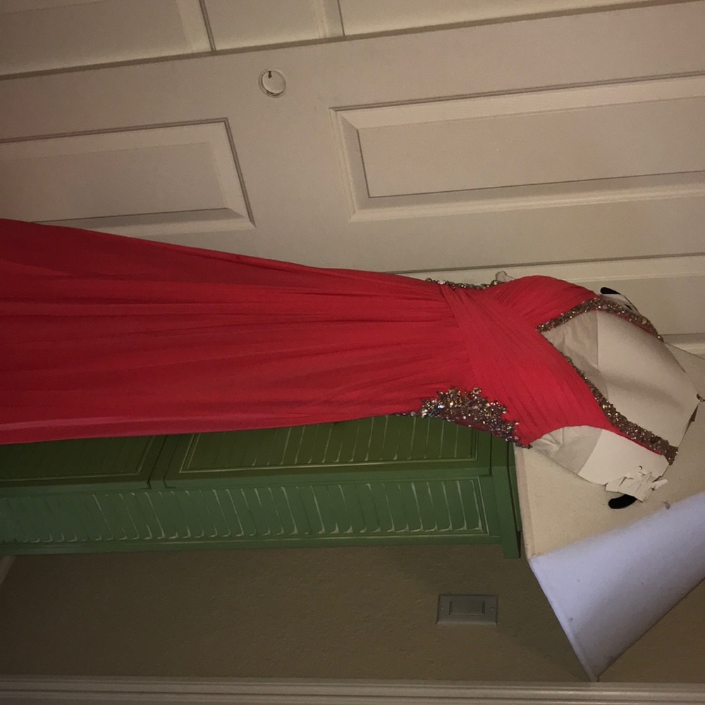 coral sheer back prom dress with rhinestones